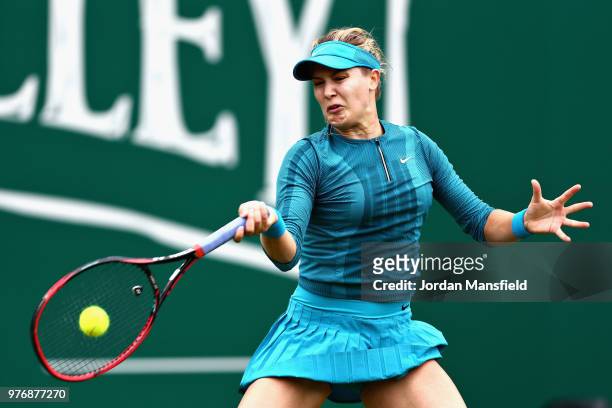 Eugenie Bouchard of Canada in action during Day Two of the Nature Valley Classic at Edgbaston Priory Club on June 17, 2018 in Birmingham, United...
