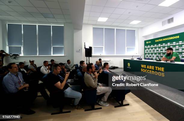 Mile Jedinak of Australia speaks during an Australia Socceroos media opportunity at Stadium Trudovye Rezervy on June 17, 2018 in Kazan, Russia.