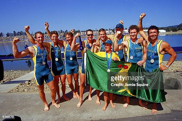 The Australian Men's Eight celebrate their silver medal during the Men's Eight Final held at the Sydney International Regatta Centre during the...
