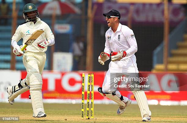 England wicketkeeper Matt Prior runs out Bangladesh batsman Naeem Islam during day three of the 1st Test match between Bangladesh and England at...