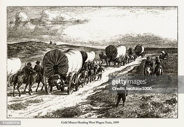 stockillustraties, clipart, cartoons en iconen met goudzoekers kop west wagon train victoriaanse gravure, 1899 - paardenkar