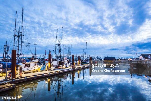 steveston fisherman's wharf at blue hour - bc commercial fishing boats stock pictures, royalty-free photos & images