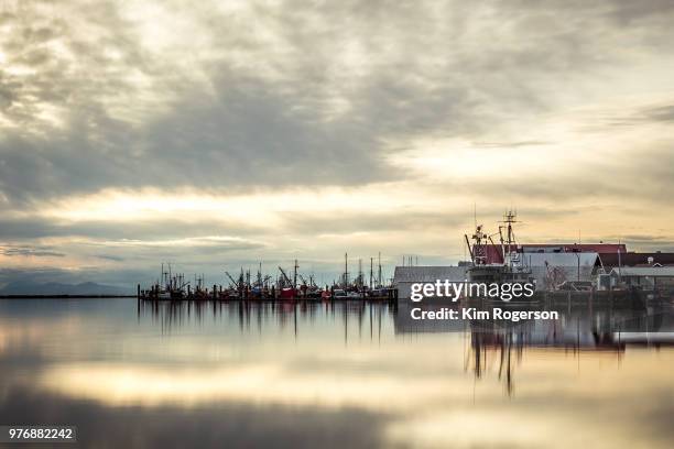 steveston marina and fisherman's wharf in the distance - bc commercial fishing boats stock pictures, royalty-free photos & images