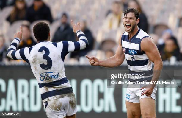 Tom Hawkins of the Cats celebrates a goal with Brandan Parfitt of the Cats during the 2018 AFL round 13 match between the Geelong Cats and the...