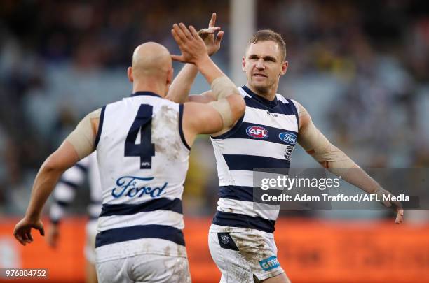 Joel Selwood of the Cats celebrates a goal with Gary Ablett of the Cats during the 2018 AFL round 13 match between the Geelong Cats and the Richmond...