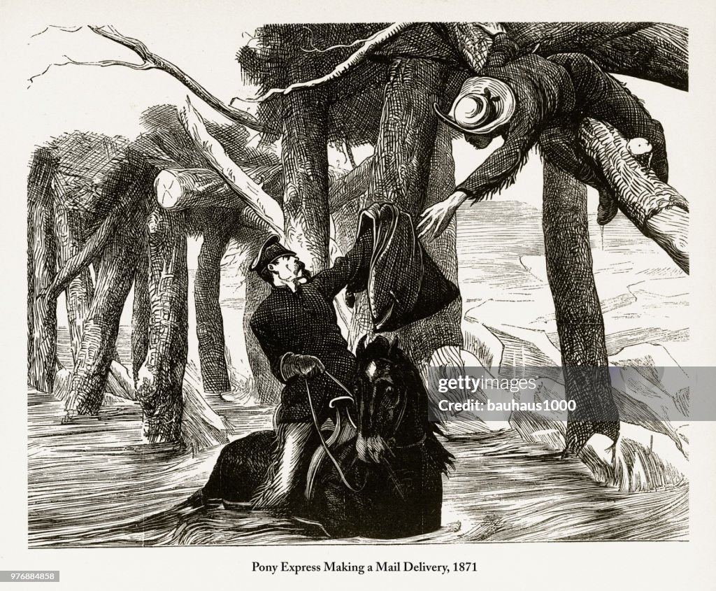 Pony Express Making a Mail Delivery Engraving, 1871