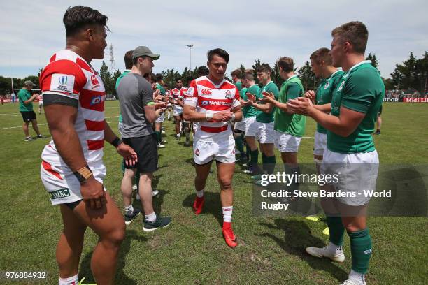 The Japan players look dejected as they leave the field after their loss to Ireland in the World Rugby via Getty Images Under 20 Championship 11th...