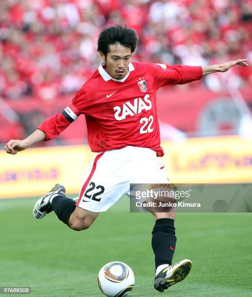 Yuki Abe of Urawa Red Diamonds in action during the J.League match between Urawa Red Diamonds and Tokyo F.C. At Saitama Stadium on March 14, 2010 in...