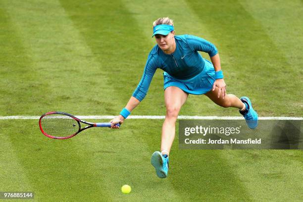 Eugenie Bouchard of Canada in action during Day Two of the Nature Valley Classic at Edgbaston Priory Club on June 17, 2018 in Birmingham, United...