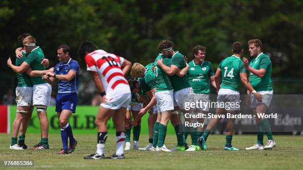 The Ireland players celebrate their victory over Japan at the final whistle during the World Rugby via Getty Images Under 20 Championship 11th Place...