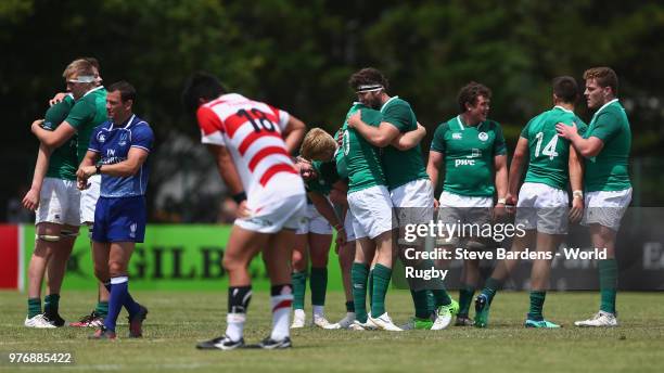 The Ireland players celebrate their victory over Japan at the final whistle during the World Rugby via Getty Images Under 20 Championship 11th Place...