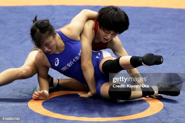 Yuki Irie competes against Eri Tosaka in the Women's 50kg semifinal match on day four of the All Japan Wrestling Invitational Championships at...