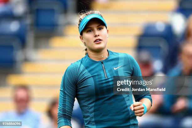 Eugenie Bouchard of Canada reacts during Day Two of the Nature Valley Classic at Edgbaston Priory Club on June 17, 2018 in Birmingham, United Kingdom.