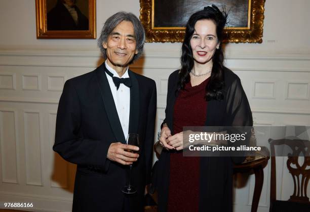 April 2018, Hamburg, Germany: The award winner Kent Nagano and the music critic Julia Spinola, who presented the award, standing Hotel Louis C. Jacob...