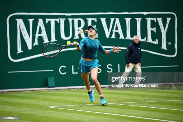 Eugenie Bouchard of Canada in action during Day Two of the Nature Valley Classic at Edgbaston Priory Club on June 17, 2018 in Birmingham, United...