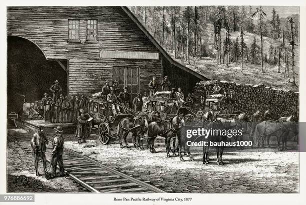 reno pan pacific railway of virginia city engraving, 1877 - virginia city nevada stock illustrations