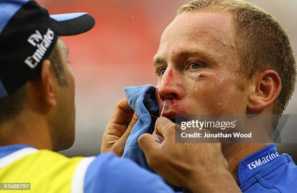 Brett Sheehan of the Force receives medical treatment during the round five Super 14 match between the Reds and the Western Force at Suncorp Stadium...