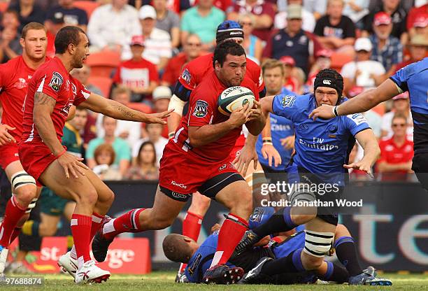 Laurie Weeks of the Reds in attack during the round five Super 14 match between the Reds and the Western Force at Suncorp Stadium on March 14, 2010...