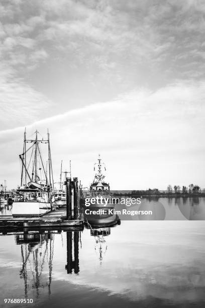 steveston boats moored with land in distance vertical - bc commercial fishing boats stock pictures, royalty-free photos & images