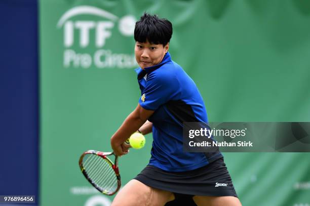 Luksika Kumkhum of Thailand in action in the Womens Doubles Final during Finals Day of the Fuzion 100 Manchester Trophy at The Northern Lawn Tennis...