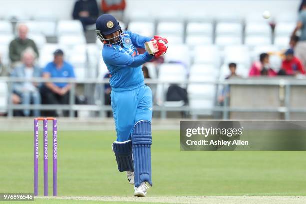 Prithvi Shaw of India A strikes a six down the ground en route to 70 during a tour match between ECB XI v India A at Headingley on June 17, 2018 in...