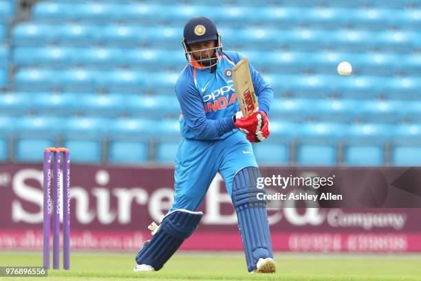 Prithvi Shaw of India A bats during a tour match between ECB XI v India A at Headingley on June 17, 2018 in Leeds, England.