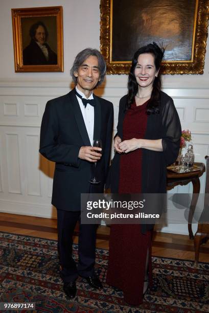 April 2018, Hamburg, Germany: The award winner Kent Nagano and the music critic Julia Spinola, who presented the award, standing Hotel Louis C. Jacob...