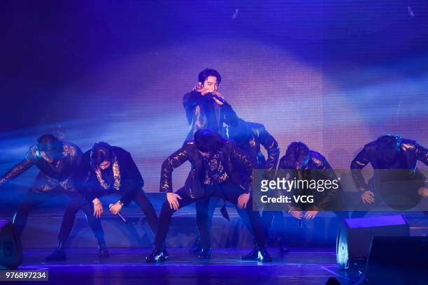 South Korean boy group Got7 perform onstage during their 2018 World Tour 'Eyes on You' concert at New Taipei City Exhibition Hall on June 16, 2018 in...