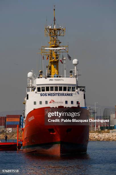 Aquarius rescue ship carrying migrants arrives at the Port of Valencia on June 17, 2018 in Valencia, Spain. The Aquarius rescue ship is arriving...