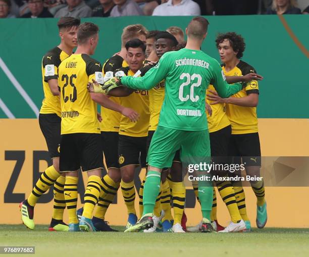 Players of Borussia Dortmund celebrate their first goal during the B Juniors German Championship final between FC Bayern Muenchen U17 and Borussia...