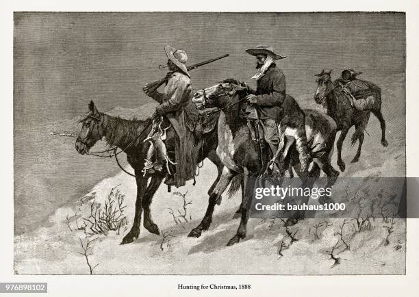 hunting for christmas, early american victorian engraving, 1888 - cowboy hunting stock illustrations