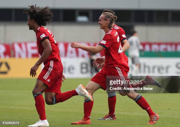 Joshua Zirkzee of FC Bayern Muenchen celebrates his first goal with teammates during the B Juniors German Championship final between FC Bayern...