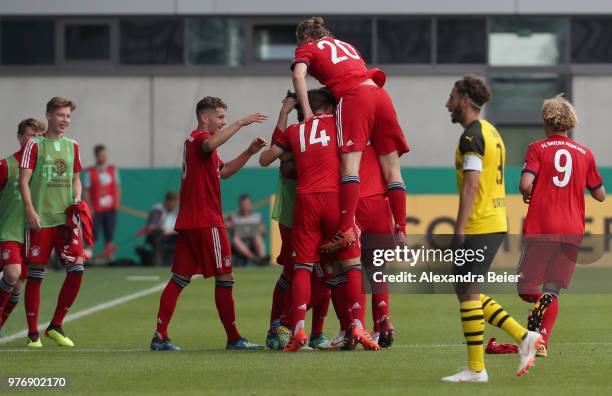 Players of FC Bayern Muenchen celebrate Joshua Zirkzee's first goal during the B Juniors German Championship final between FC Bayern Muenchen U17 and...