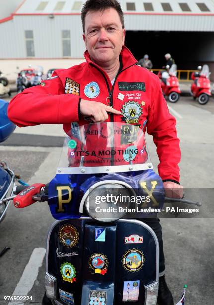 Vespa enthusiasts arrive for the gala dinner in Belfast as thousands of Vespa scooter drivers have descended on Northern Ireland as part of the Vespa...