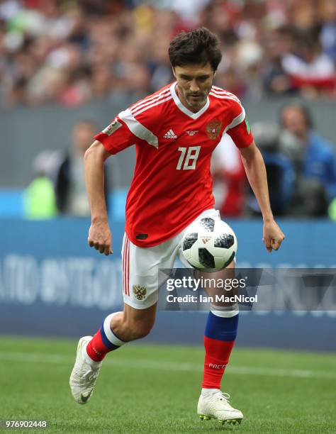 Yuri Zhirkov of Russia controls the ball during the 2018 FIFA World Cup Russia group A match between Russia and Saudi Arabia at Luzhniki Stadium on...