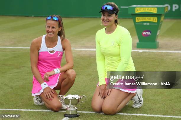 Alicja Rosolska of Poland and Abigail Spears of USA with the winners trophy for the WTA Doubles final during Day Nine of the Nature Valley open at...