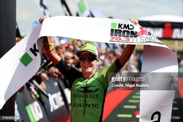 Melissa Hauschildt of Australia celebrates winning the women's race at KMD Ironman 70.3 European Championship Elsinoreon June 17, 2018 in Helsingor,...