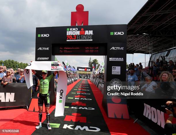 Melissa Hauschildt of Australia celebrates winning the women's race at KMD Ironman 70.3 European Championship Elsinoreon June 17, 2018 in Helsingor,...