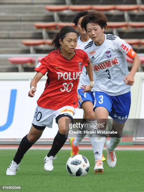 Kozue Ando of Urawa Red Diamonds Ladies in action during the Nadeshiko Cup match between Urawa Red Diamonds Ladies and Albirex Niigata Ladies at...