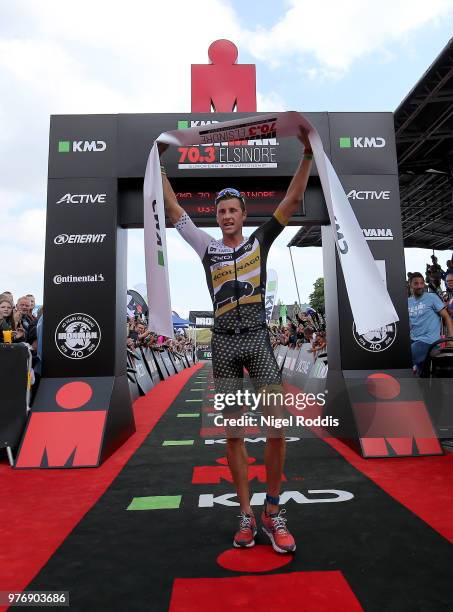 Rodolphe von Berg of the United States celebrates winning KMD Ironman 70.3 European Championship Elsinore on June 17, 2018 in Helsingor, Denmark.