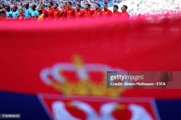 Serbia team line up behind a Serbia flag prior to the 2018 FIFA World Cup Russia group E match between Costa Rica and Serbia at Samara Arena on June...