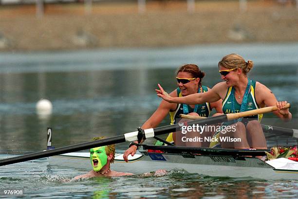 Rachael Taylor and Kate Slatter of Australia celebrate their silver medal during the Women's Coxless Pair Final held at the Sydney International...