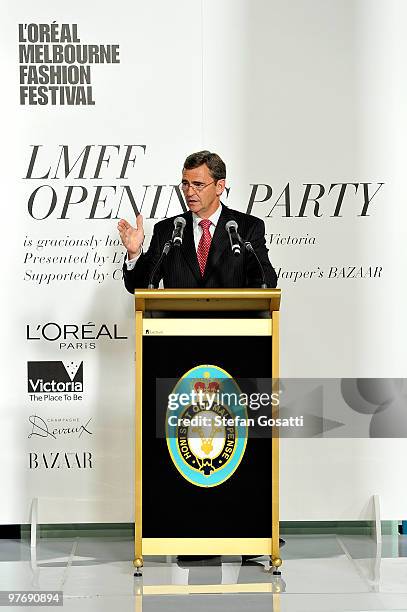 Victorian Premier John Brumby speaks at the opening party for the 2010 L'Oreal Melbourne Fashion Festival at Government House on March 14, 2010 in...