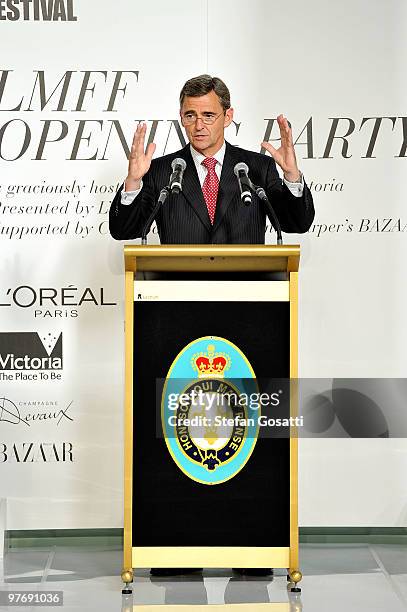 Victorian Premier John Brumby speaks at the opening party for the 2010 L'Oreal Melbourne Fashion Festival at Government House on March 14, 2010 in...