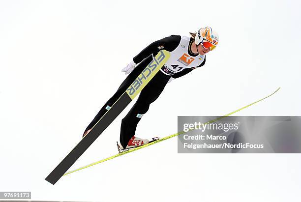 Mikko Kokkslien of Norway competes in the Gundersen Ski Jumping HS 134 event during day two of the FIS Nordic Combined World Cup on March 14, 2010 in...