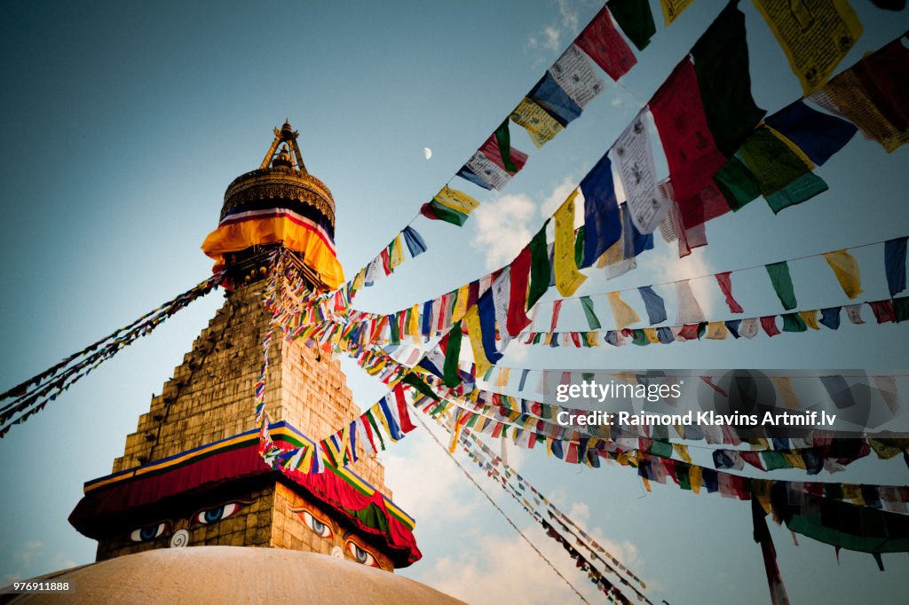 Buddhist prayer flags on Boudhanath stupa, Kathmandu, Nepal