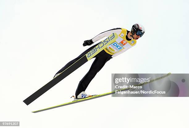 Jason Lamy-Chappuis of France competes in the Gundersen Ski Jumping HS 134 event during day two of the FIS Nordic Combined World Cup on March 14,...