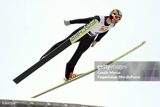 Bernhard Gruber of Austria competes in the Gundersen Ski Jumping HS 134 event during day two of the FIS Nordic Combined World Cup on March 14, 2010...