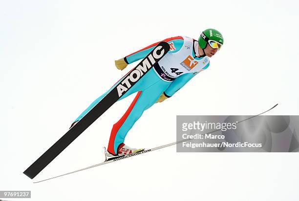 Wilhelm Denifl of Austria competes in the Gundersen Ski Jumping HS 134 event during day two of the FIS Nordic Combined World Cup on March 14, 2010 in...