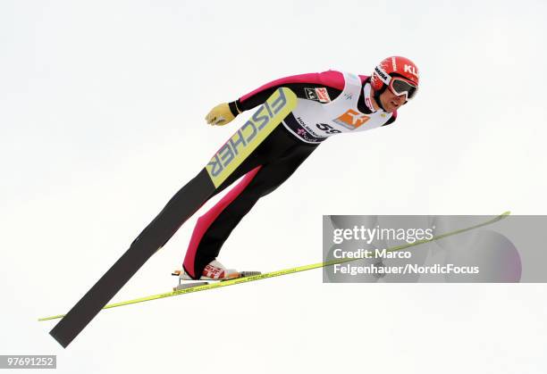 Mario Stecher of Austria competes in the Gundersen Ski Jumping HS 134 event during day two of the FIS Nordic Combined World Cup on March 14, 2010 in...